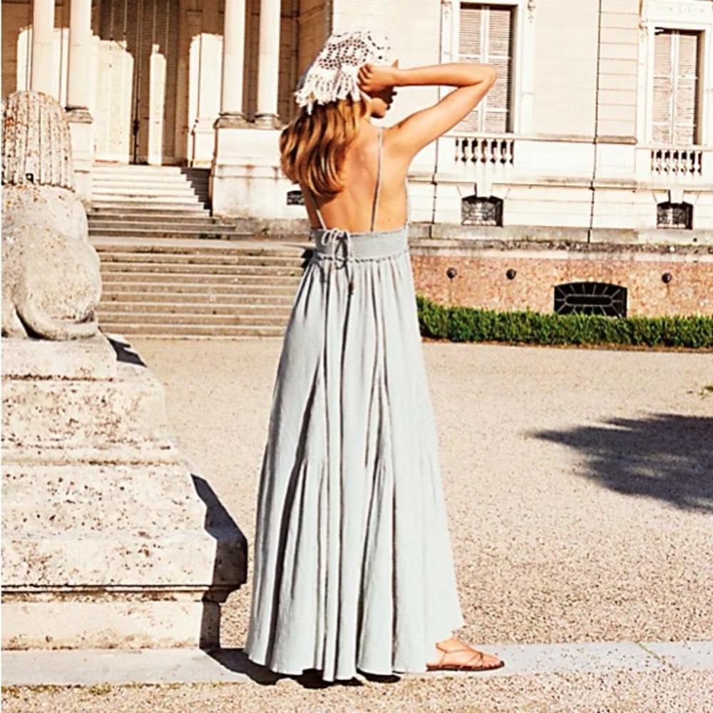 Free People Heat Haze Maxi Dress Triangle Top Smocked Long Cotton Linen Blue L - Picture 3 of 17